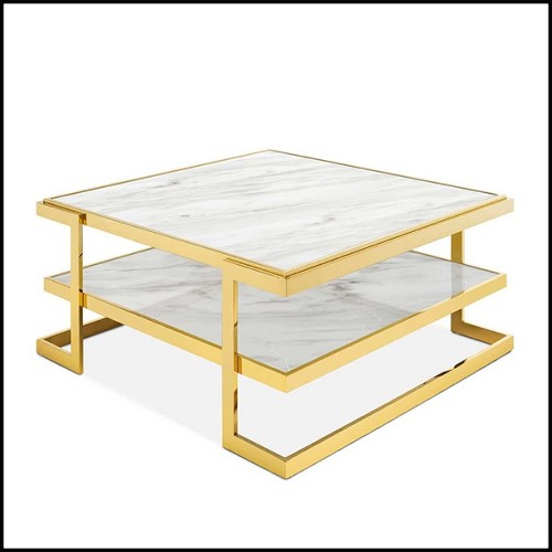 Coffee table in gold finish with up and down white marble tops 162-Liz White