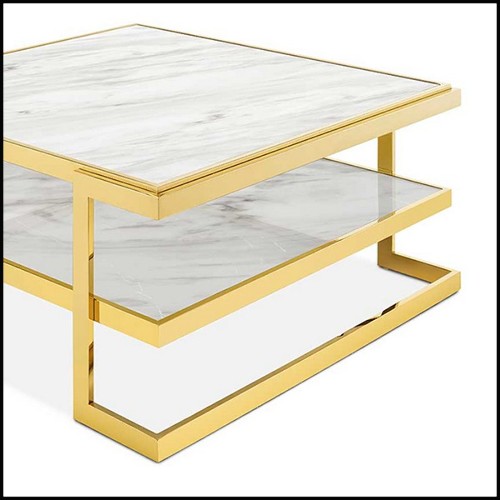 Coffee table in gold finish with up and down white marble tops 162-Liz White
