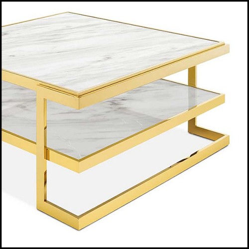 Table basse finition gold et avec plateaux haut et bas en marbre blanc 162-Liz White