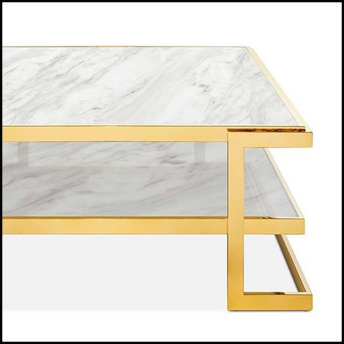 Coffee table in gold finish with up and down white marble tops 162-Liz White