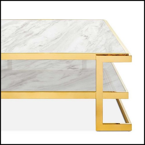 Table basse finition gold et avec plateaux haut et bas en marbre blanc 162-Liz White