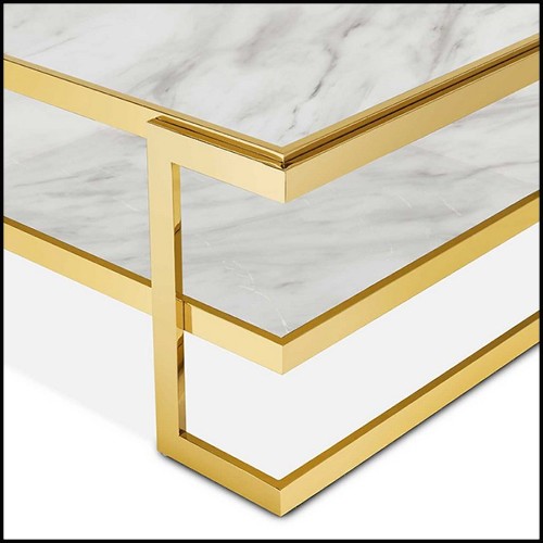 Coffee table in gold finish with up and down white marble tops 162-Liz White