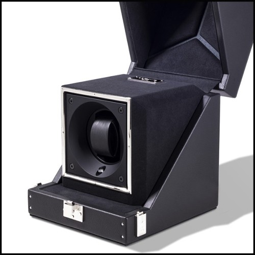 Watch winder box with solid brass in nickel plated padding and lining in black dinamica 186-Single Luxwatch Black