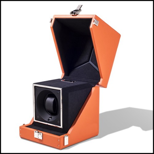 Watch winder box with solid brass in nickel plated padding and lining in black dinamica 186-Single Luxwatch Orange