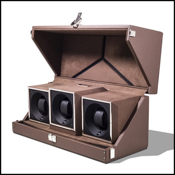 Watch winder box with solid brass in nickel plated padding and lining in brown dinamica 186-Triple Luxwatch Brown