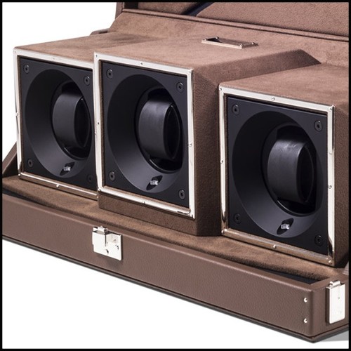 Watch winder box with solid brass in nickel plated padding and lining in brown dinamica 186-Triple Luxwatch Brown