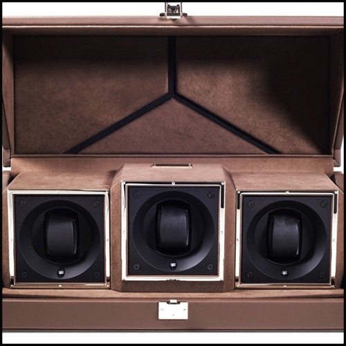 Watch winder box with solid brass in nickel plated padding and lining in brown dinamica 186-Triple Luxwatch Brown