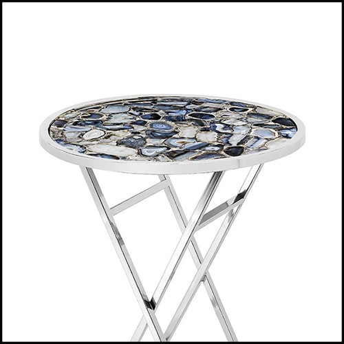 Table d'appoint avec plateau en pierre d'agate véritable et structure en acier inoxydable poli 162-Agate blue
