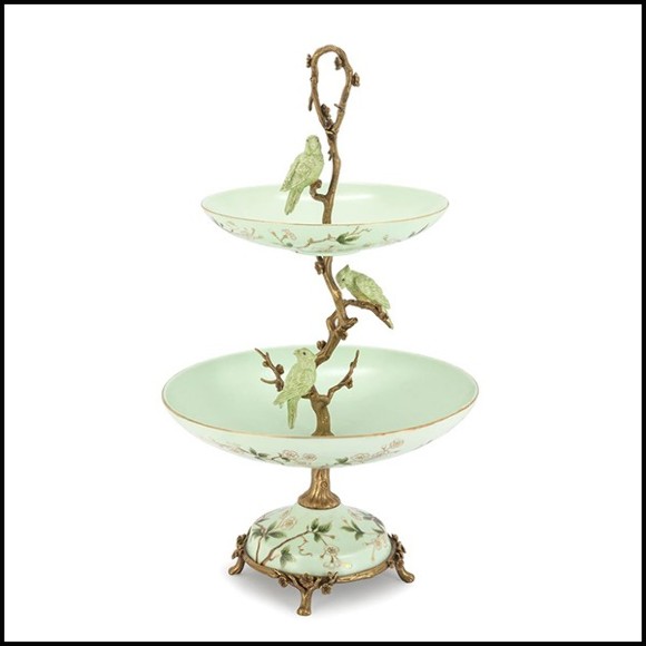 Center table serving piece with 2 plates in enameled porcelain and solid bronze details 162-Birdy