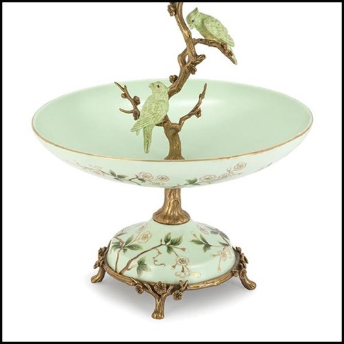 Center table serving piece with 2 plates in enameled porcelain and solid bronze details 162-Birdy