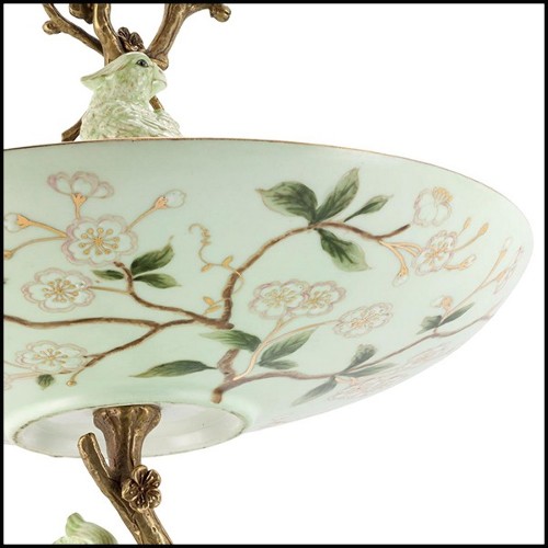 Center table serving piece with 2 plates in enameled porcelain and solid bronze details 162-Birdy