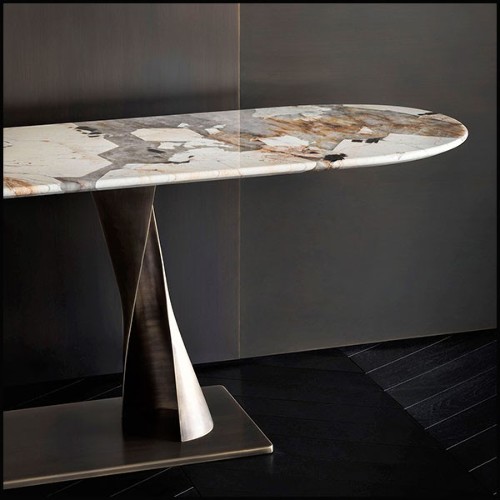 Console avec 2 pieds en bronze torsadés et avec plateau oval en marbre Calacatta 150-Comet Marble
