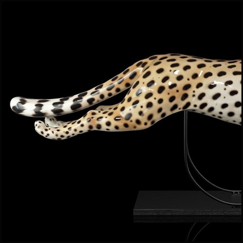 Sculpture in ceramic on black wooden and black metal base 162-Guepard Speed