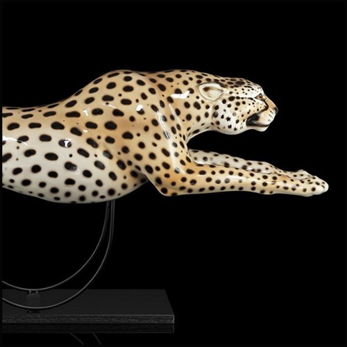 Sculpture en céramique sur base en bois et métal finition black 162-Guepard Speed