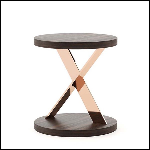 Table d'appoint en acier inoxydable finition cuivre avec plateaux haut et bas en eucalyptus finition mate 174-Xena