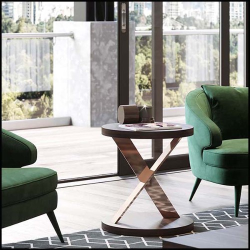 Table d'appoint en acier inoxydable finition cuivre avec plateaux haut et bas en eucalyptus finition mate 174-Xena