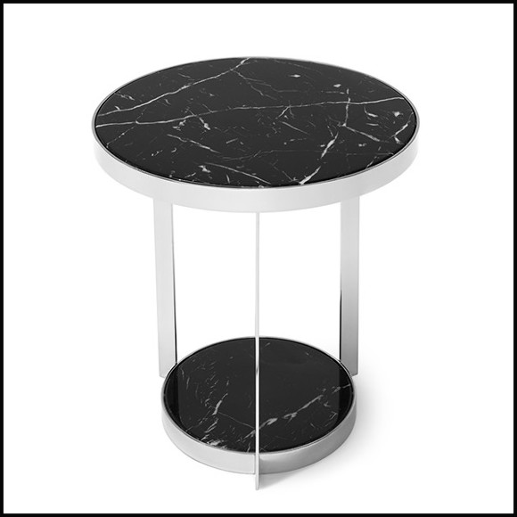 Table d'appoint en métal finition chrome avec plateaux supérieur et inférieur en marbre noir 162-Amy Black