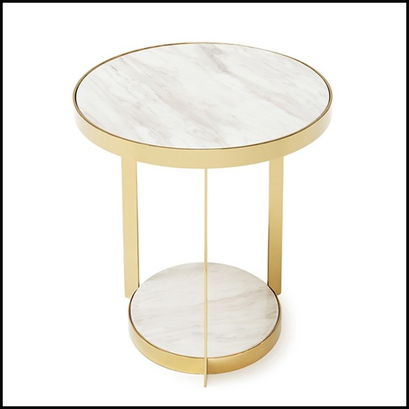 Table d'appoint finition gold avec plateaux supérieur et inférieur en marbre blanc 162-Amy White