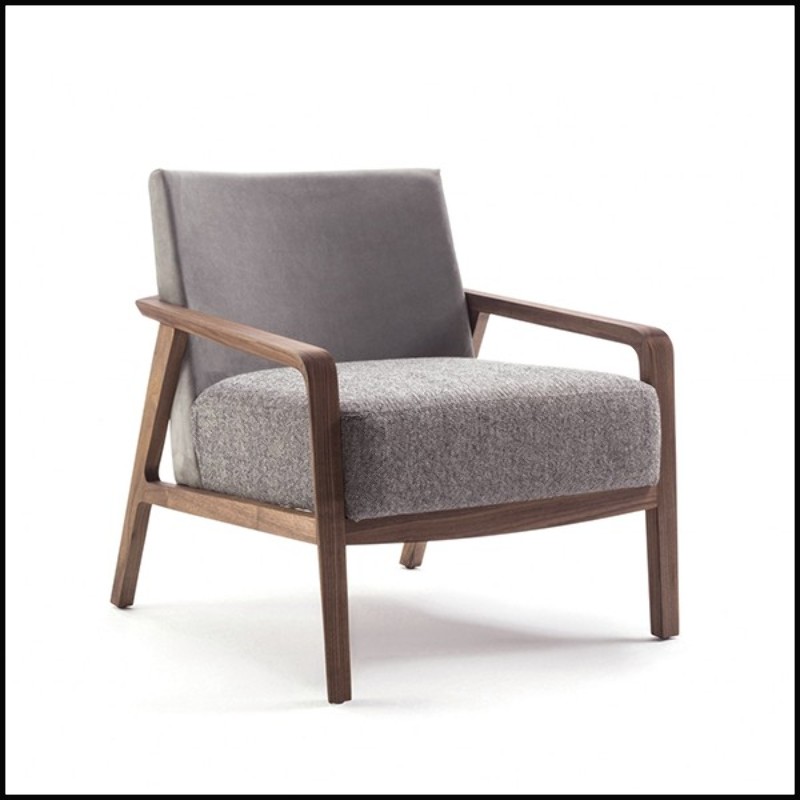 Armchair in solid walnut with back in grey nubuck leather and with fabric seat 154-Castello