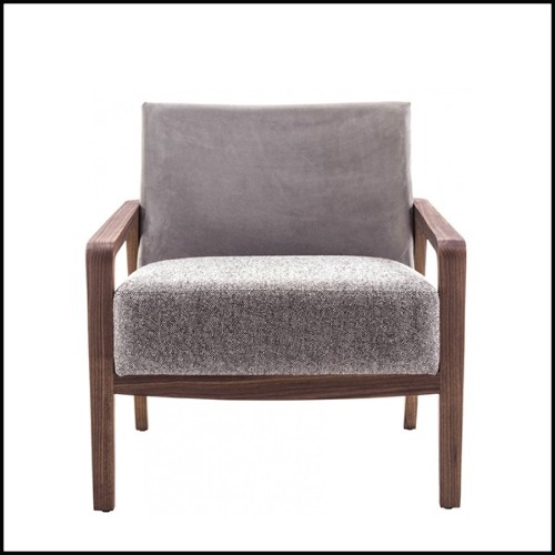 Armchair in solid walnut with back in grey nubuck leather and with fabric seat 154-Castello