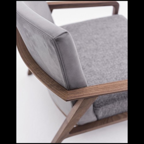 Armchair in solid walnut with back in grey nubuck leather and with fabric seat 154-Castello