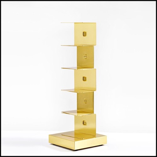 Bookcase or shelf in polished solid brass with protective glossy translucid paint finish 107-Golden