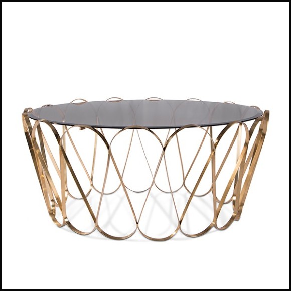 Coffee table with tempered smoked glass top and gold plated solid brass base 145-Waterflor Gold