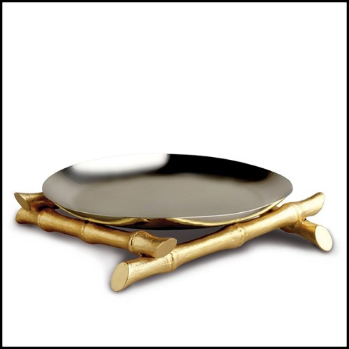 Plate or tray with polished stainless steel plate structure on gold-plated 24-karat base 172-Bamboos Large