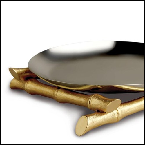 Assiette ou plateau en acier inoxydable poli sur base en acier inoxydable plaqué or 24 karats 172-Bamboos Large