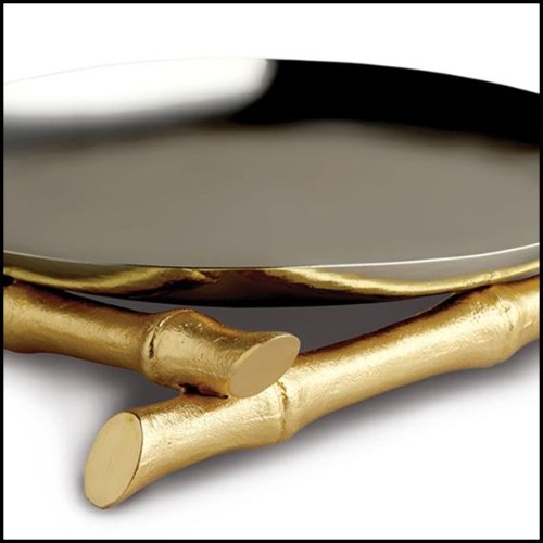 Plate or tray with polished stainless steel plate structure on gold-plated 24-karat base 172-Bamboos Large
