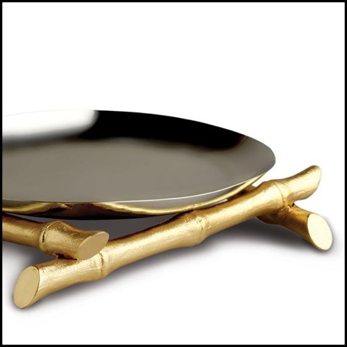 Assiette ou plateau en acier inoxydable poli sur base en acier inoxydable plaqué or 24 karats 172-Bamboos Large