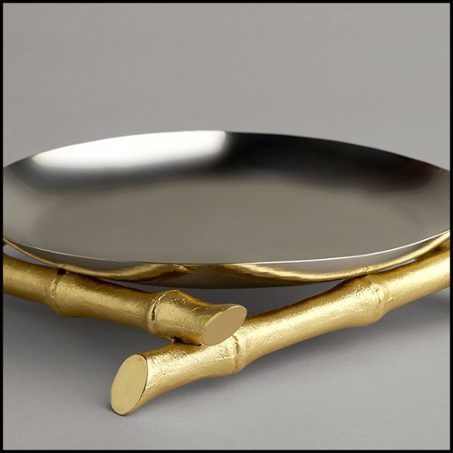 Assiette ou plateau en acier inoxydable poli sur base en acier inoxydable plaqué or 24 karats 172-Bamboos Large