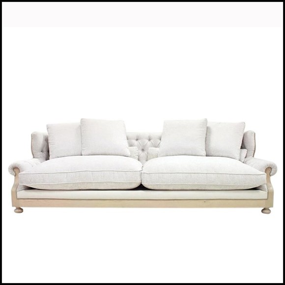 Sofa in solid wood in waxed finish with capitonated back and covered with white linen fabric 176-Damian