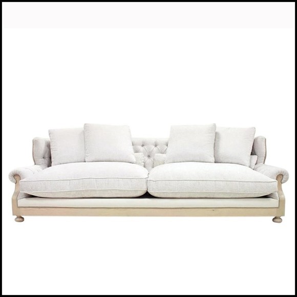 Sofa in solid wood in waxed finish with capitonated back and covered with white linen fabric 176-Damian