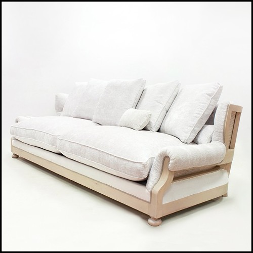 Sofa in solid wood in waxed finish with capitonated back and covered with white linen fabric 176-Damian