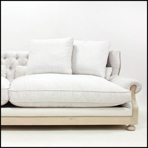 Sofa in solid wood in waxed finish with capitonated back and covered with white linen fabric 176-Damian