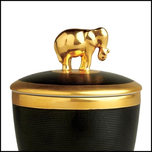 Boîte à bougie en porcelaine finition noire et plaquée or 24 Karats avec elephant sur le couvercle 172-Elephant Black