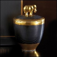 Boîte à bougie en porcelaine finition noire et plaquée or 24 Karats avec elephant sur le couvercle 172-Elephant Black