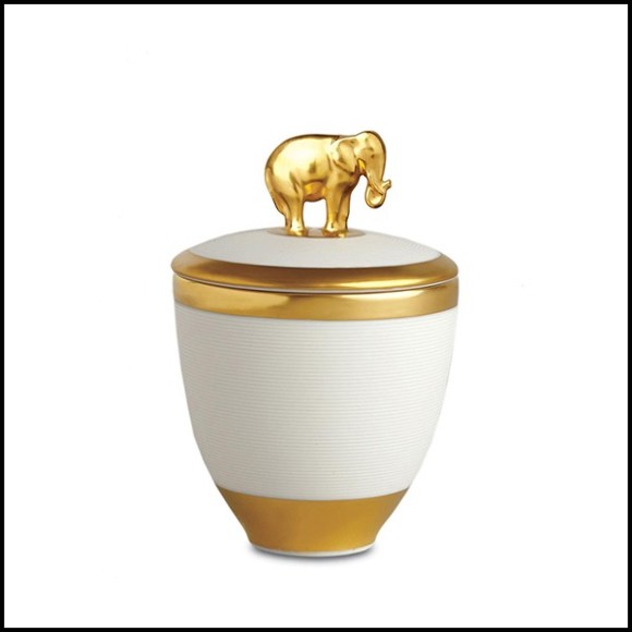 Boîte à bougie en porcelaine finition blanche et plaquée or 24 Karats avec elephant sur le couvercle 172-Elephant White