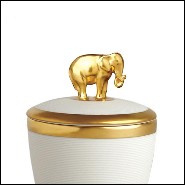 Boîte à bougie en porcelaine finition blanche et plaquée or 24 Karats avec elephant sur le couvercle 172-Elephant White