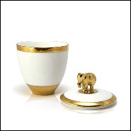 Boîte à bougie en porcelaine finition blanche et plaquée or 24 Karats avec elephant sur le couvercle 172-Elephant White