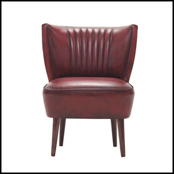 Chair with natural old red genuine leather and with structure in solid wood with brass nails 176-Winston