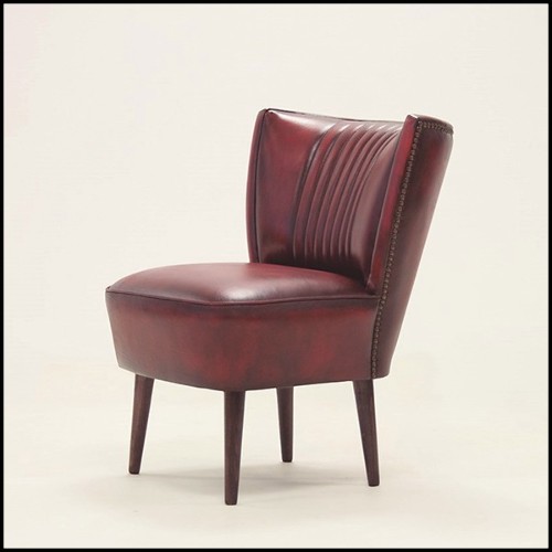 Chair with natural old red genuine leather and with structure in solid wood with brass nails 176-Winston