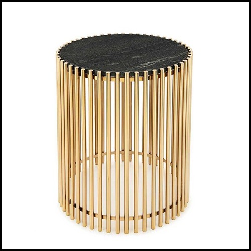 Side table with bars in gold finish and with black stone round top 162-Bars Black