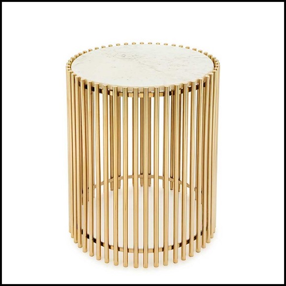 Side table with bars in gold finish and with white stone round top 162-Bars White