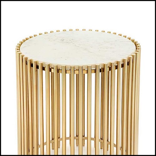 Table d'appoint avec barres en acier finition gold et avec plateau rond en pierre blanche 162-Bars White