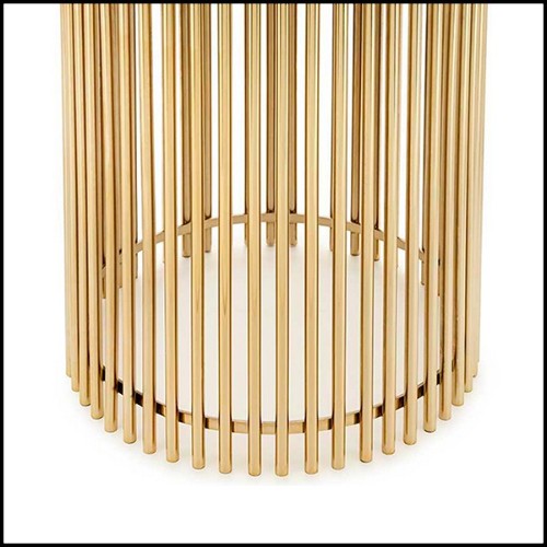 Table d'appoint avec barres en acier finition gold et avec plateau rond en pierre blanche 162-Bars White