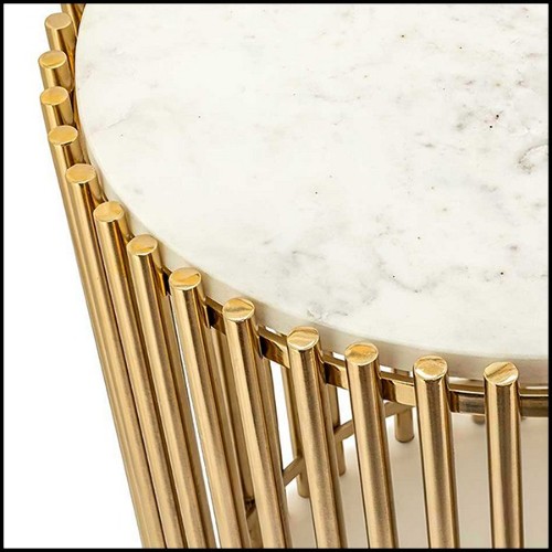 Side table with bars in gold finish and with white stone round top 162-Bars White