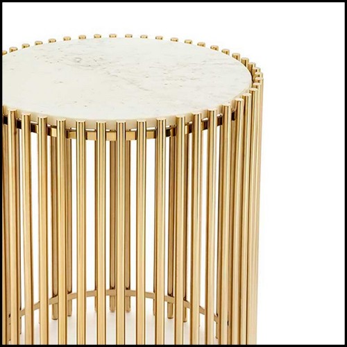 Table d'appoint avec barres en acier finition gold et avec plateau rond en pierre blanche 162-Bars White