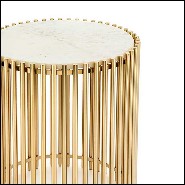 Table d'appoint avec barres en acier finition gold et avec plateau rond en pierre blanche 162-Bars White